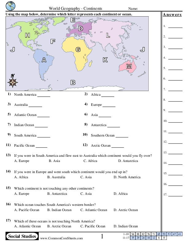 Continents and Oceans Worksheet - Continents and Oceans worksheet